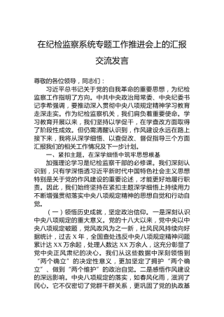 在纪检监察系统专题工作推进会上的汇报交流发言