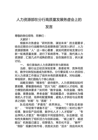 人力资源部在分行高质量发展务虚会上的发言