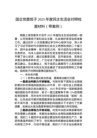 国企党委班子2025年度民主生活会对照检查材料（带案例）