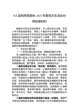 XX县税务局局长2025年度民主生活会对照检查材料