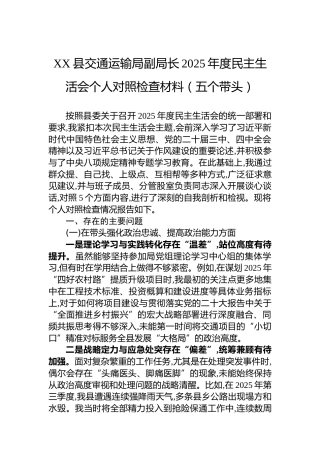 XX县交通运输局副局长2025年度民主生活会个人对照检查材料（五个带头）