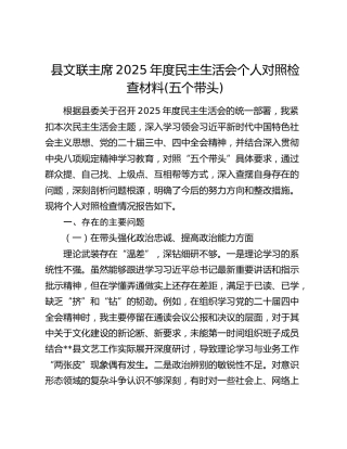县文联主席2025年度民主生活会个人对照检查材料(五个带头)