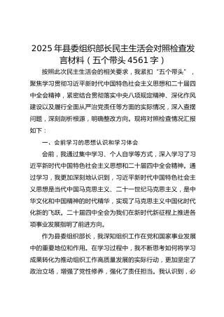 2025年县委组织部长民主生活会对照检查发言材料（五个带头4561字）
