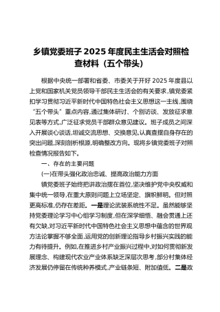 乡镇党委班子2025年度民主生活会对照检查材料（五个带头）