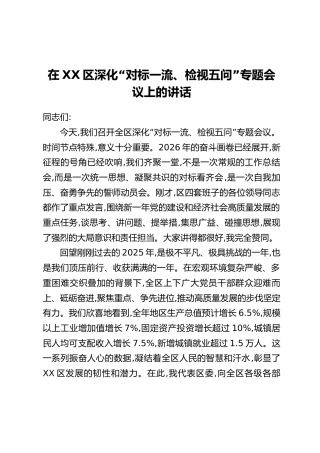 在XX区深化“对标一流、检视五问”专题会议上的讲话