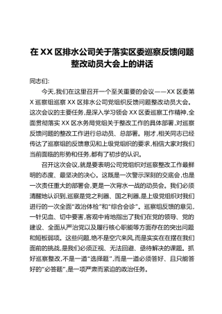 在XX区排水公司关于落实区委巡察反馈问题整改动员大会上的讲话