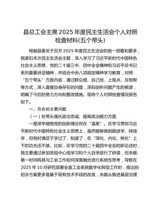 县总工会主席2025年度民主生活会个人对照检查材料(五个带头)