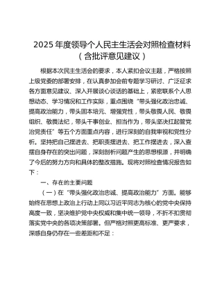 2025年度领导个人民主生活会对照检查材料（含批评意见建议）