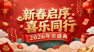 2026年会盛典PPT红色质感新春启序喜乐同行公司年会茶话会模板