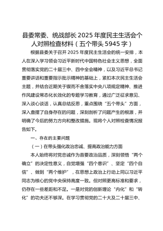 县委常委、统战部长2025年度民主生活会个人对照检查材料（五个带头 5945字）