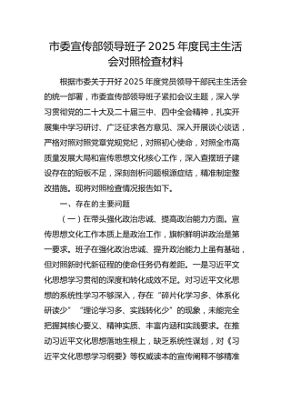 市委宣传部领导班子2025年度民主生活会对照检查2