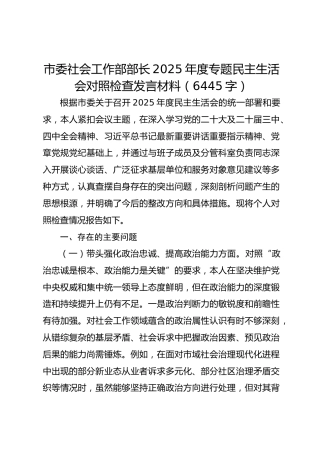 市委社会工作部部长2025年度专题民主生活会对照检查发言材料（6445字）