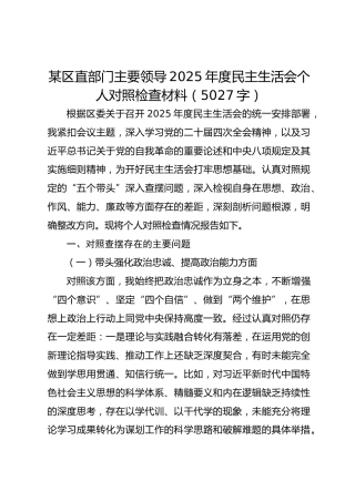某区直部门主要领导2025年度民主生活会个人对照检查材料（5027字）