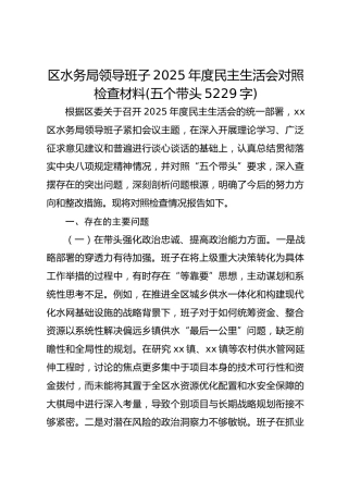 区水务局领导班子2025年度民主生活会对照检查材料(五个带头5229字)