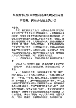 某区委书记在集中整治违规吃喝突出问题再部署、再推进会议上的讲话