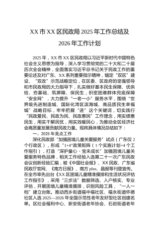 XX市XX区民政局2025年工作总结及2026年工作计划