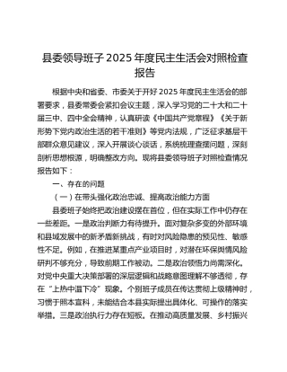 县委领导班子2025年度民主生活会对照检查报告（五个带头）