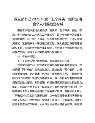 党支部书记2025年度“五个带头”组织生活会个人对照检查材料