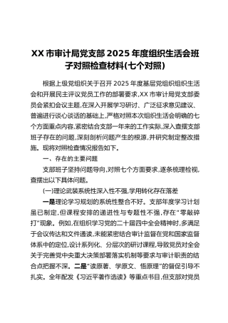 XX市审计局党支部2025年度组织生活会班子对照检查材料（七个对照）
