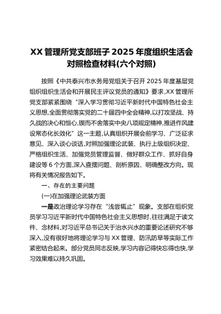 XX管理所党支部班子2025年度组织生活会对照检查材料（六个对照）