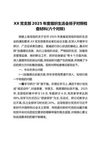 XX党支部2025年度组织生活会班子对照检查材料（六个对照）