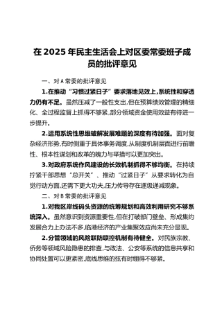 在2025年民主生活会上对区委常委班子成员的批评意见