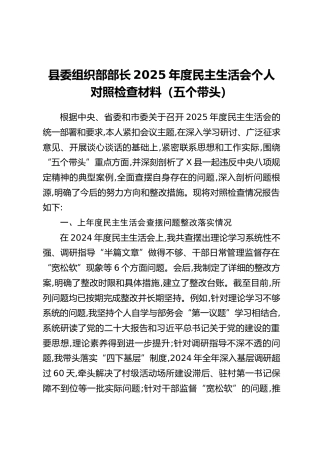 县委组织部部长2025年度民主生活会个人对照检查材料（上年度查摆问题整改落实情况+五个带头）