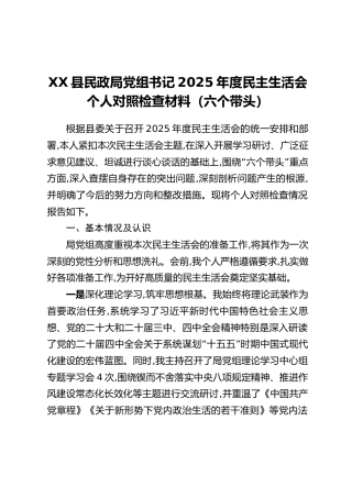 XX县民政局党组书记2025年度民主生活会个人对照检查材料（六个带头+典型案例剖析）