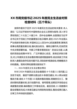 XX市局党组书记2025年度民主生活会对照检查材料（五个带头）