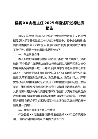 县委XX办副主任2025年度述职述德述廉报告