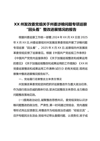 XX州发改委党组关于州委涉粮问题专项巡察“回头看”整改进展情况的报告