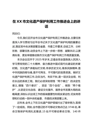 在XX市文化遗产保护利用工作推进会上的讲话