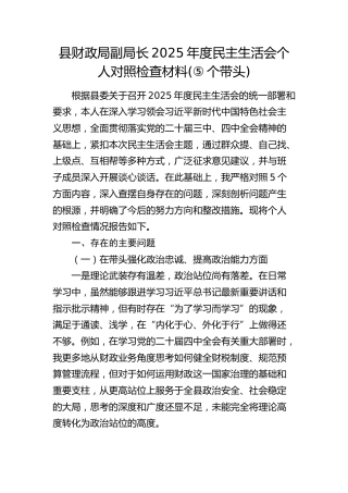 县财政局副局长2025年度民主生活会个人对照检查材料(五个带头)
