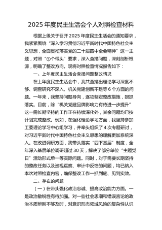 机关工委2025年度民主生活会个人对照检查材料