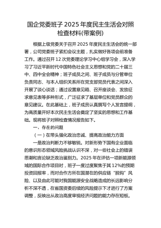 国企公司班子2025年度民主生活会对照检查(含典型案例剖析)