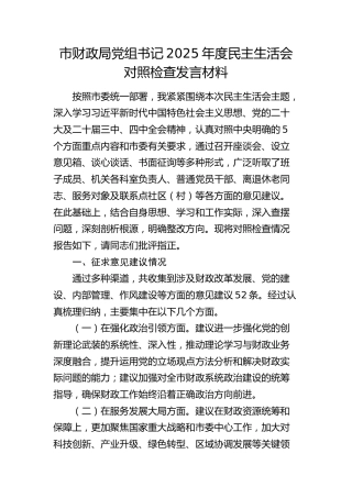 市财政局党组书记2025年度民主生活会对照检查（含征求意见建议情况）