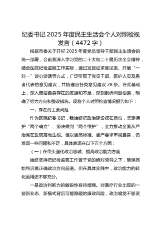 医院纪委书记2025年度民主生活会个人对照检视发言（4472字）