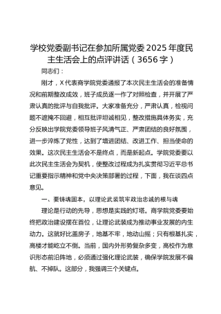 学校党委副书记在参加所属党委2025年度民主生活会上的点评讲话（3656字）