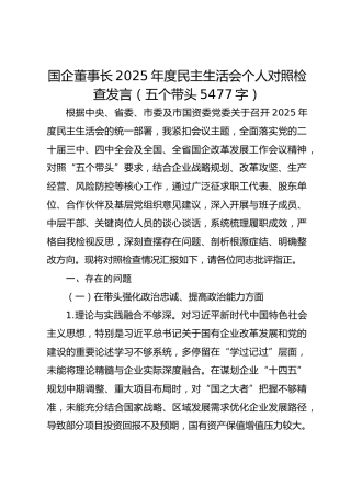 国企董事长2025年度民主生活会个人对照检查发言（五个带头5477字）