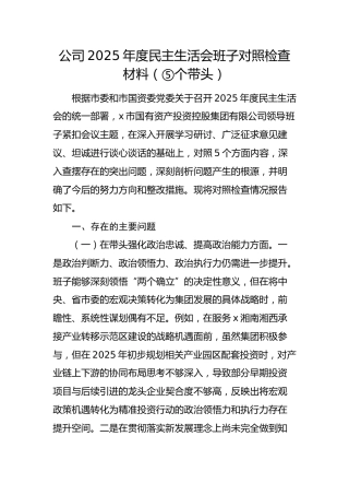 国企2025年度民主生活会班子对照检查材料