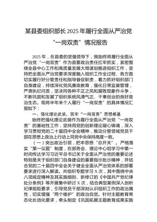某县委组织部长2025年履行全面从严治党“一岗双责”情况报告