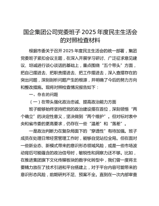 国企集团公司党委班子2025年度民主生活会的对照检查材料（五个带头）