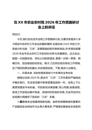 在XX市农业农村局2026年工作思路研讨会上的讲话 (2)