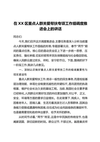 在XX区重点人群关爱帮扶专项工作组调度推进会上的讲话