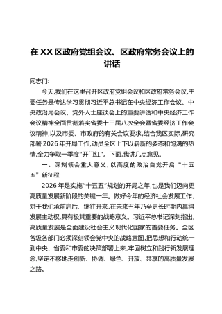 在XX区政府党组会议、区政府常务会议上的讲话