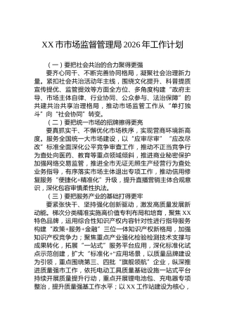 XX市市场监督管理局2026年工作计划