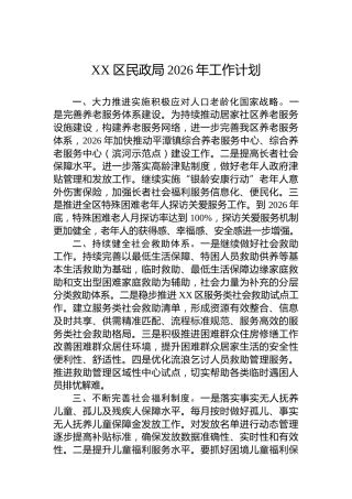 XX区民政局2026年工作计划