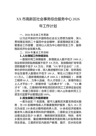 XX市高新区社会事务综合服务中心2026年工作计划