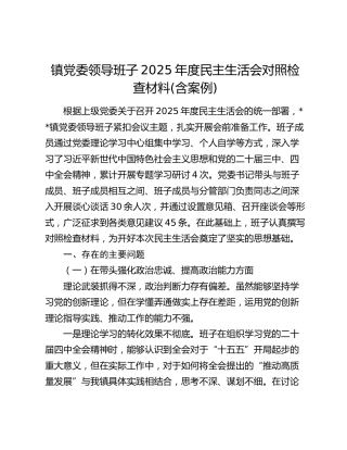 镇党委领导班子2025年度民主生活会对照检查材料(含案例)