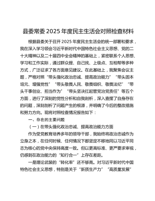 县委常委2025年度民主生活会对照检查材料（五个带头）